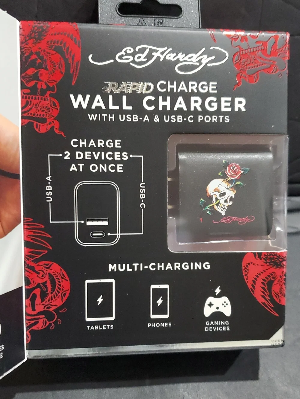 Ed Hardy black iconic ed hardy skull red roses floral print rapid charge charger
